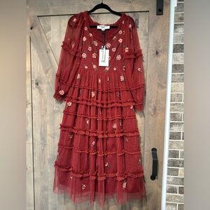 Camellia in burgundy Jessakae dress